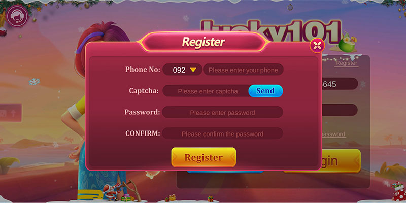 Mobile number registration with verification code on Lucky101 app
